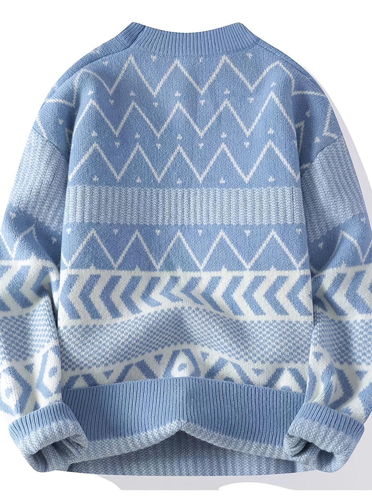 Unisex Pullover Strickpulli Himmelblau mit geometrischem Muster Rundhals Langarm