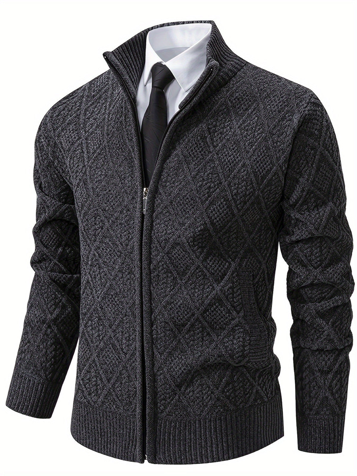 Herren Strickjacke Rautenmuster Stehkragen Reißverschluss Feinstrick Casual