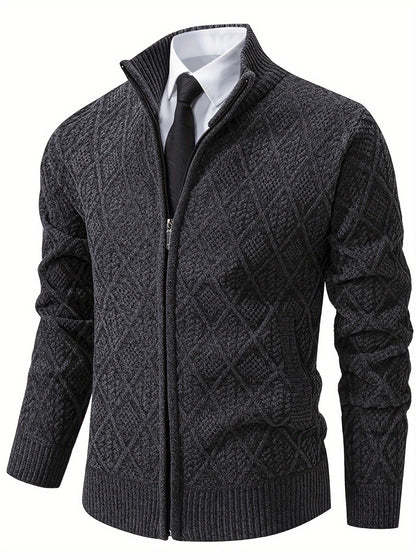 Herren Strickjacke Rautenmuster Stehkragen Reißverschluss Feinstrick Casual