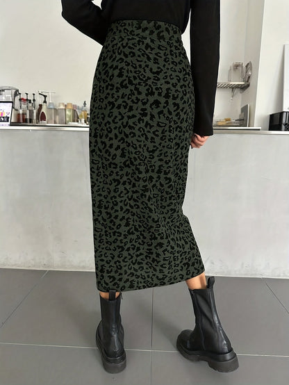 Damen Midi Rock mit Leopardenmuster und Schlitz, Rippstruktur