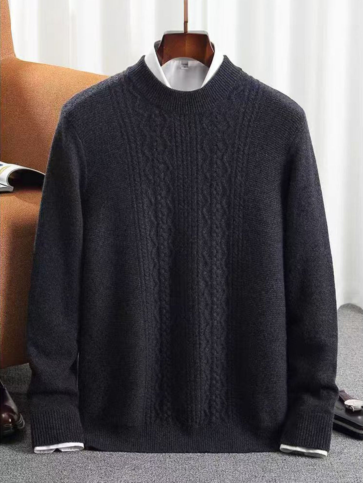 Herren Mockneck Pullover Feinstrick Zopfmuster