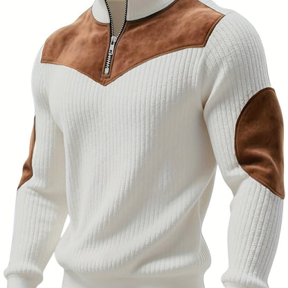 Herren Rollkragenpullover mit Reißverschluss, Rippstrick und Wildleder-Optik Patches
