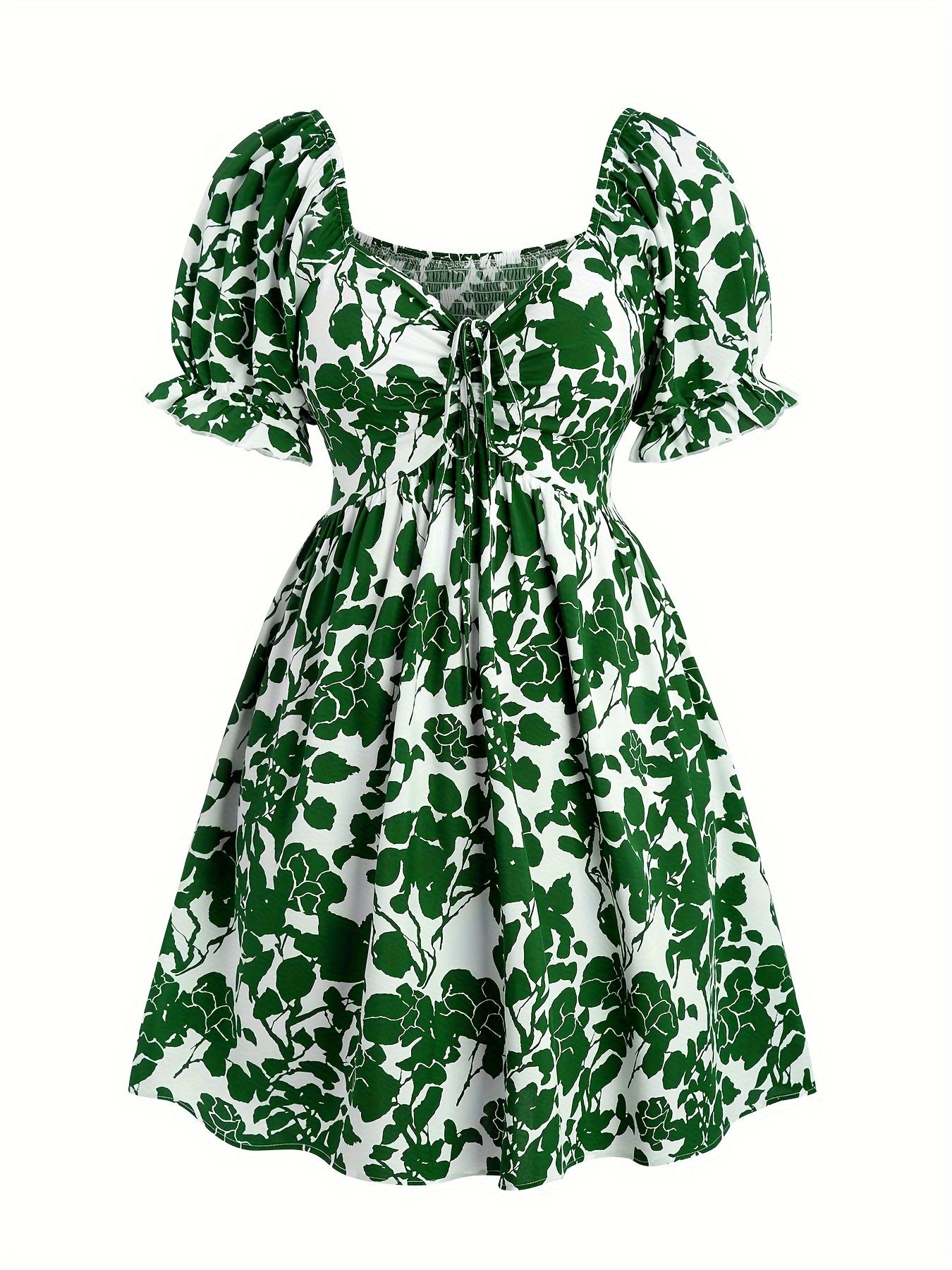 Damen Sommerkleid Elegant Fit & Flare mit Blumenmuster und Puffärmeln – Perfekt für Urlaub und Freizeit