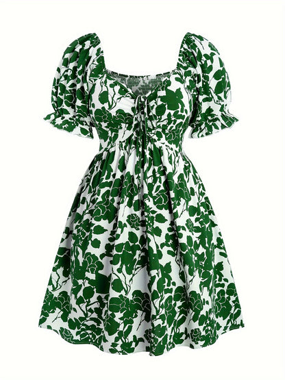 Damen Sommerkleid Elegant Fit & Flare mit Blumenmuster und Puffärmeln – Perfekt für Urlaub und Freizeit
