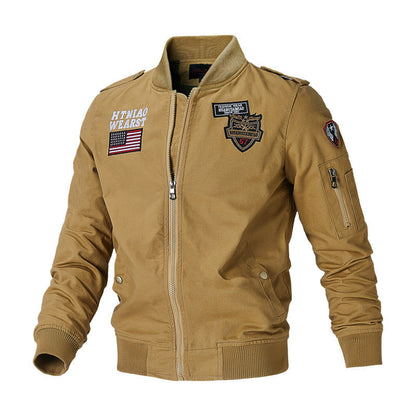 Herren Bomberjacke mit Patches Reißverschluss Stehkragen