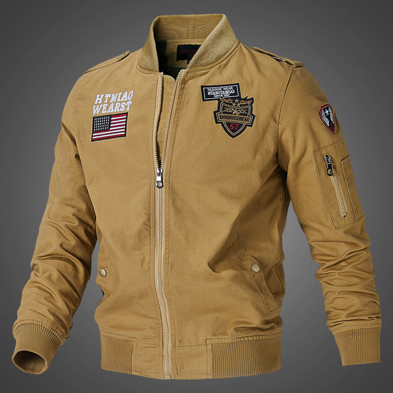 Herren Bomberjacke mit Patches Reißverschluss Stehkragen