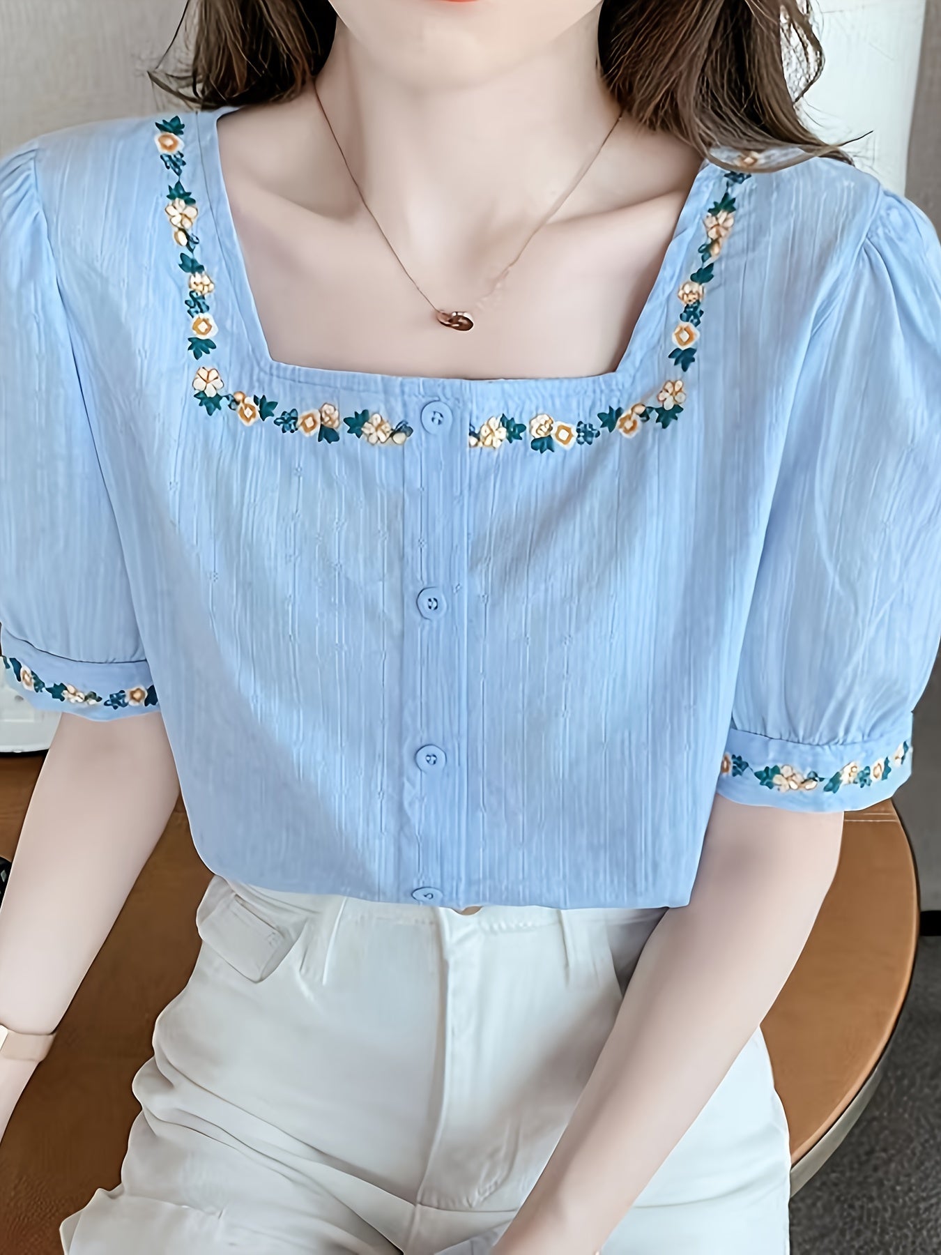 Damen Bluse elegant mit Stickerei und Quadratkragen – Sommer Freizeit Oberteil