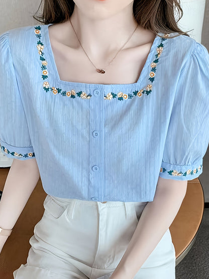 Damen Bluse elegant mit Stickerei und Quadratkragen – Sommer Freizeit Oberteil