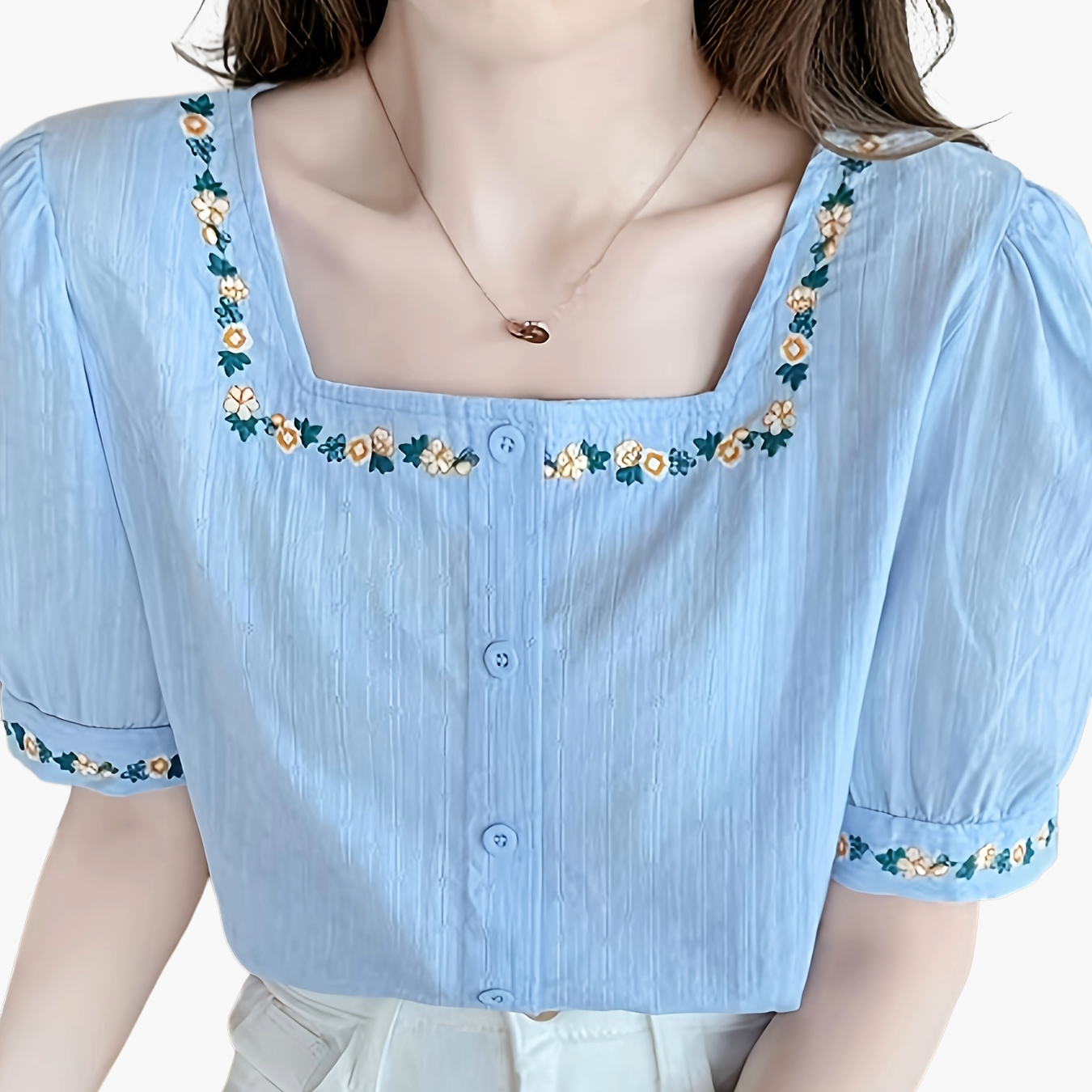 Damen Bluse elegant mit Stickerei und Quadratkragen – Sommer Freizeit Oberteil