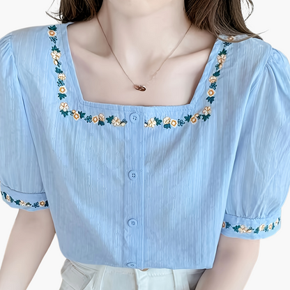 Damen Bluse elegant mit Stickerei und Quadratkragen – Sommer Freizeit Oberteil