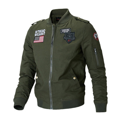 Herren Bomberjacke mit Patches Reißverschluss Stehkragen