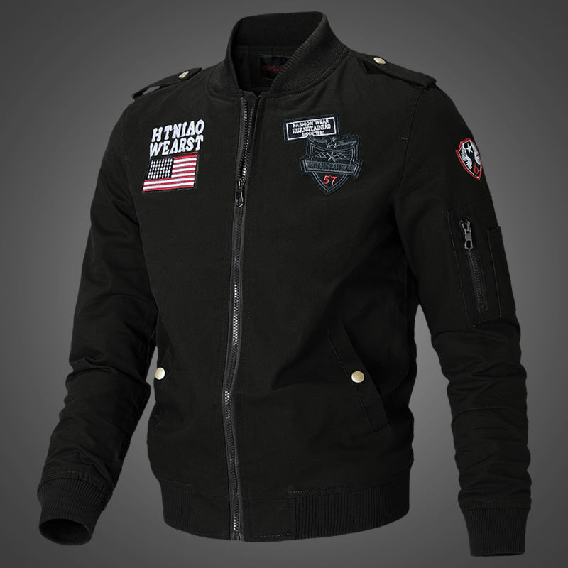 Herren Bomberjacke mit Patches Reißverschluss Stehkragen