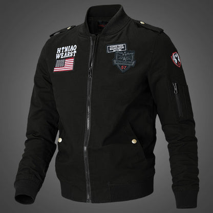 Herren Bomberjacke mit Patches Reißverschluss Stehkragen