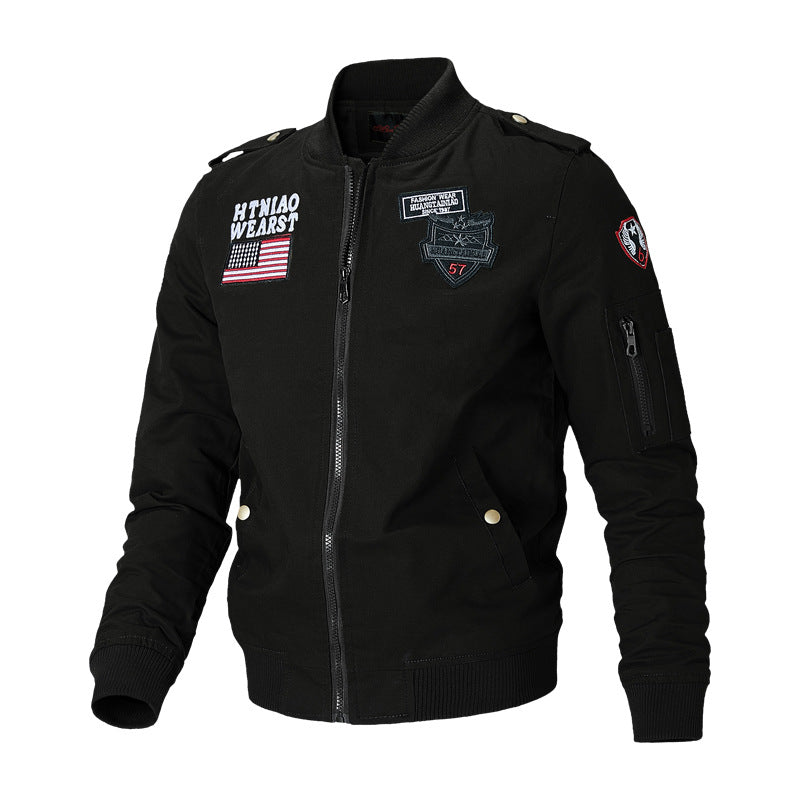 Herren Bomberjacke mit Patches Reißverschluss Stehkragen