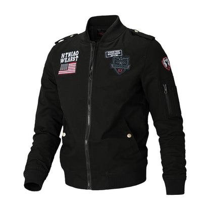 Herren Bomberjacke mit Patches Reißverschluss Stehkragen