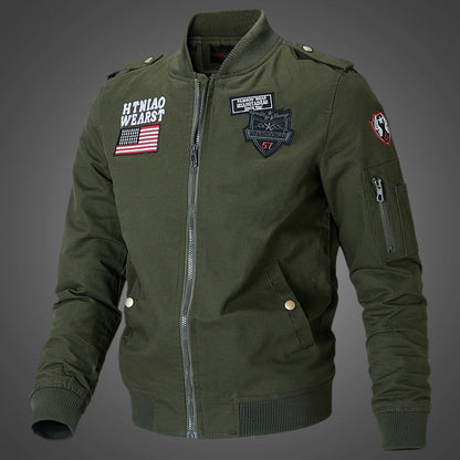 Herren Bomberjacke mit Patches Reißverschluss Stehkragen
