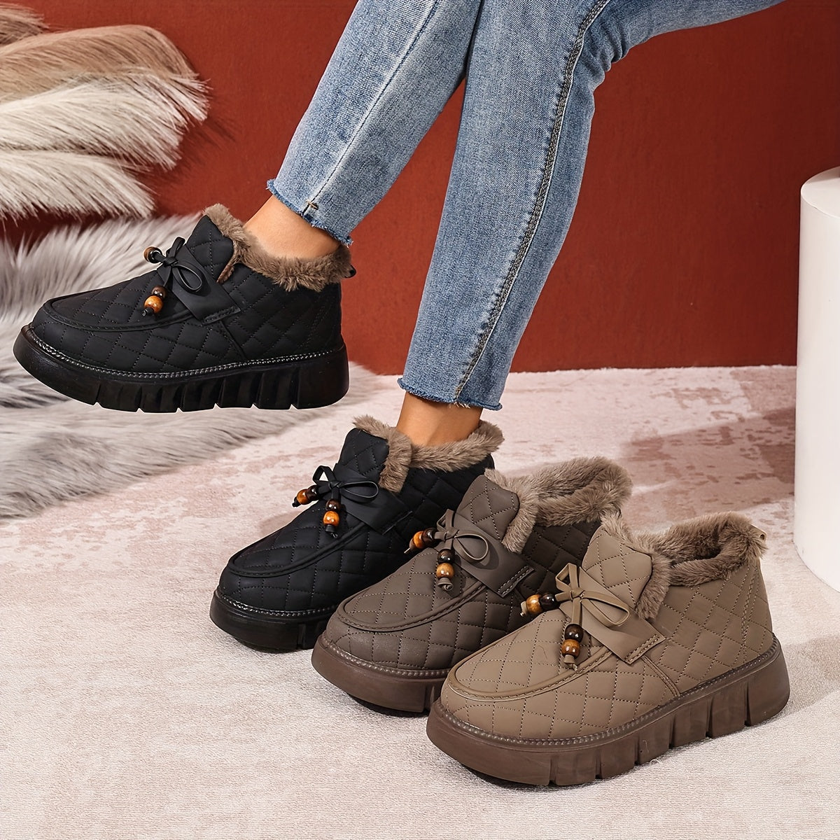 Damen Winter Stiefeletten gesteppt mit Kunstfellfutter & dicker Sohle Schwarz