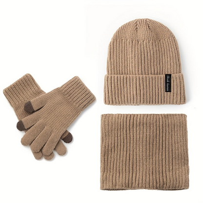 Winterset Gerippt: Strickmütze, Loop Schal & Touchscreen Handschuhe für Damen Herren