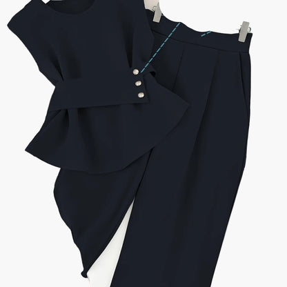 Damen Zweiteiler Set Elegant – Ärmelloses Oberteil mit Gürtel & Gerade Hose, Business & Alltag