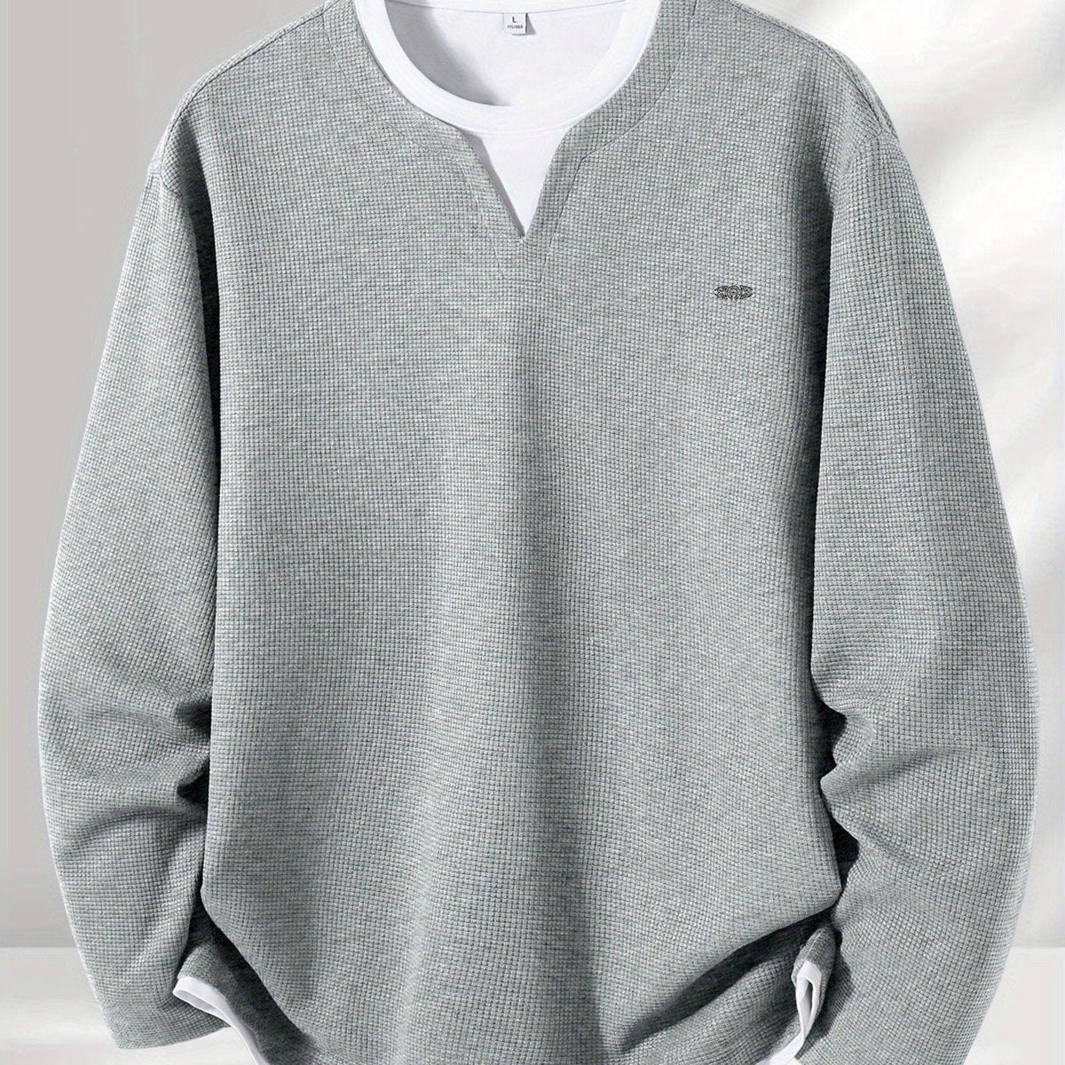 Herren Langarmshirt Waffelstrick Optik V-Ausschnitt Grau/Schwarz