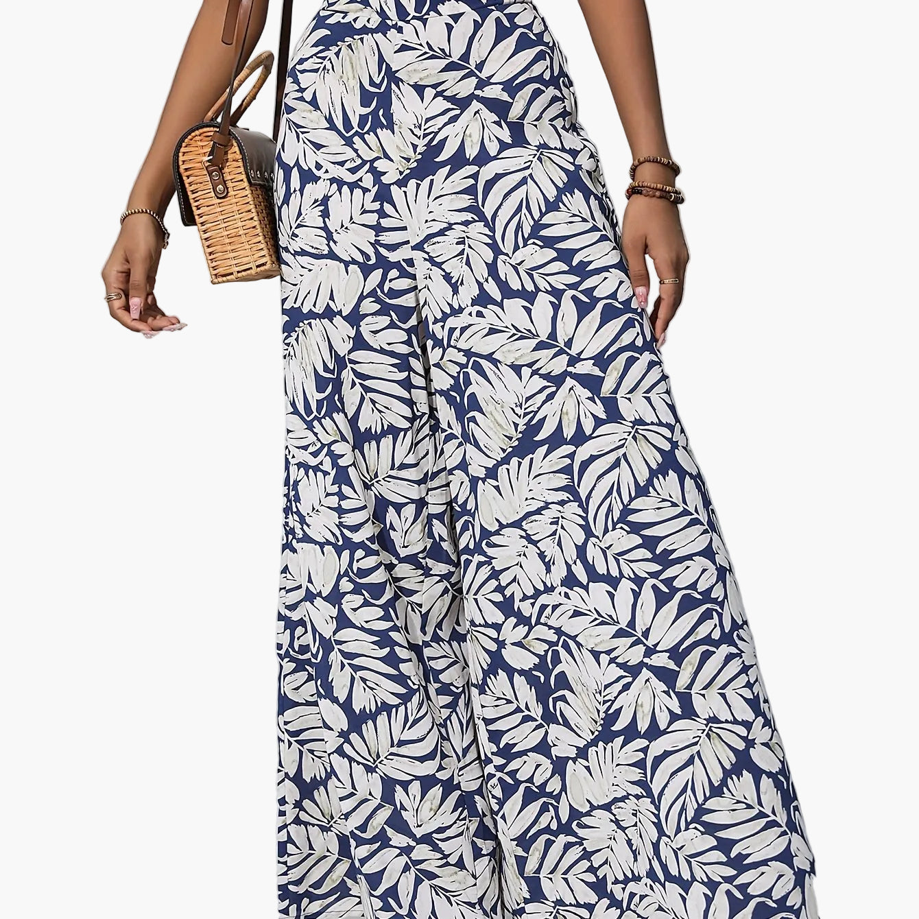 Damen Sommer Palazzo-Hose mit weitem Bein und tropischem Blätterprint – Perfekt für Strand und Freizeit