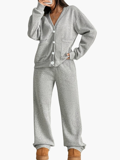 Damen Kuschelige Freizeit Hausanzug Set – Loungewear mit Cardigan und Jogginghose