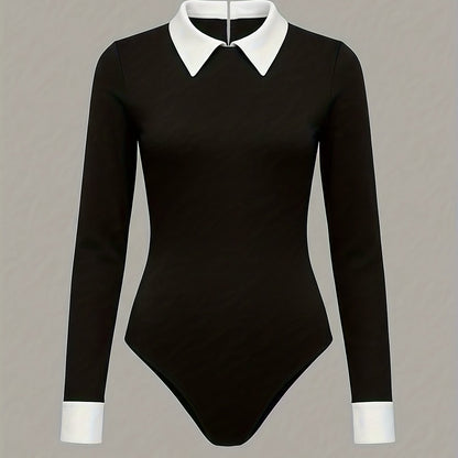 Damen Body Langarm mit Kontrastkragen und Manschetten Schwarz Weiß