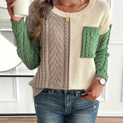 Damen Patchwork Strickpullover mit Rundhalsausschnitt und Zopfmuster