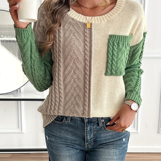 Damen Patchwork Strickpullover mit Rundhalsausschnitt und Zopfmuster