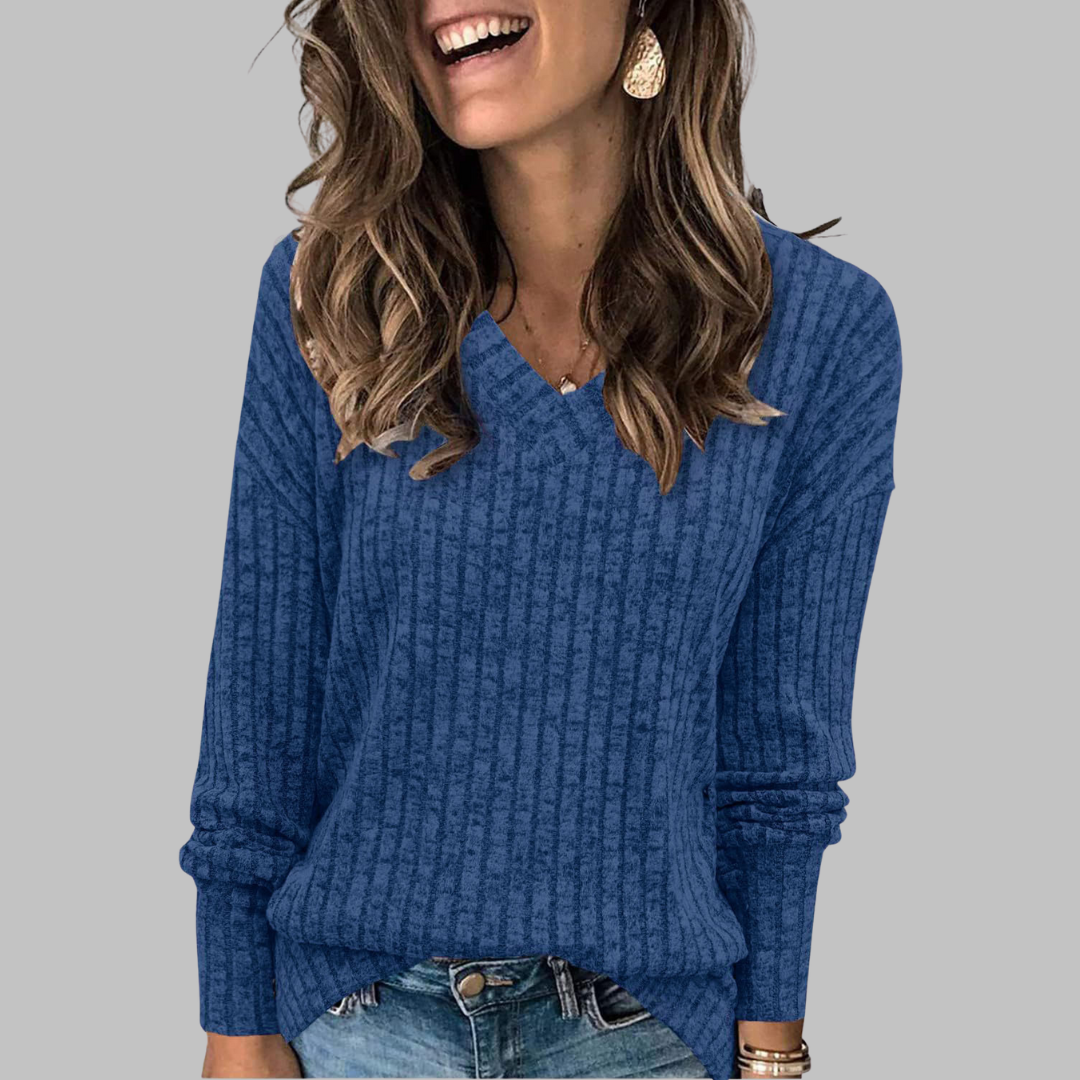 Damen Gerippter Pullover mit V-Ausschnitt, Langarm
