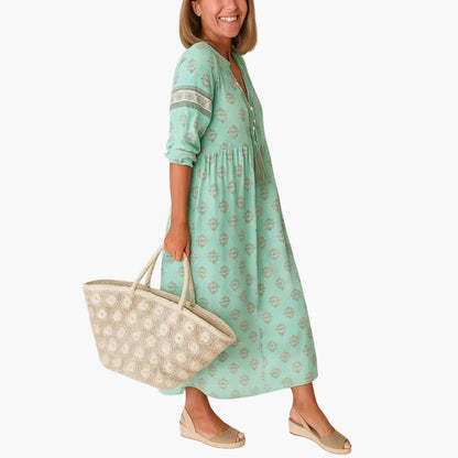 Damen Boho Midi Kleid mit Taschen und Quasten, Sommer Freizeitkleid