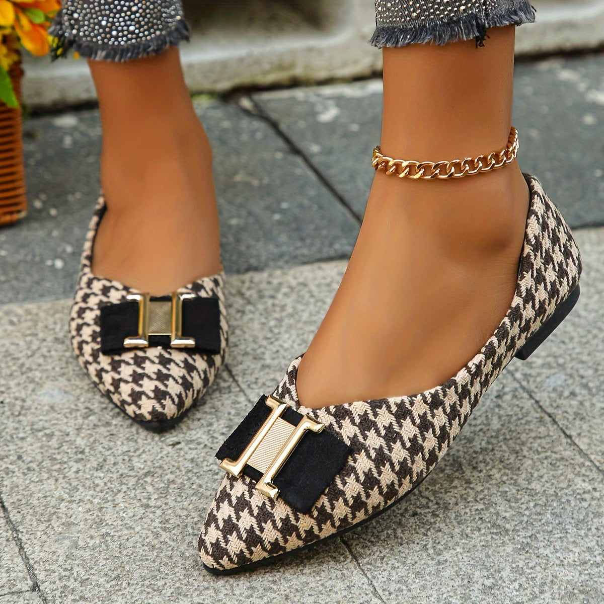Damen Elegante Houndstooth Ballerinas mit Schleifen-Detail – Modische Flats für Alltag und Büro