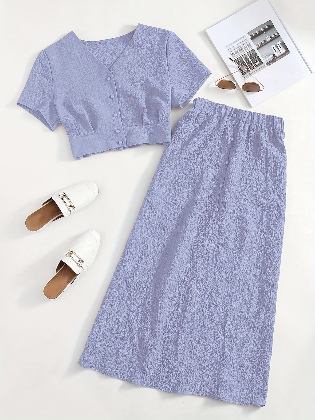 Damen Zweiteiliges Set mit Kurzarm Crop Top und Knopfleiste, Eleganter A-Linien Midi Rock, Modischer Freizeit-Look