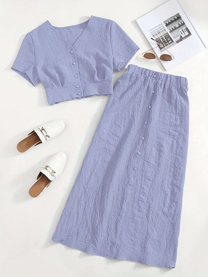 Damen Zweiteiliges Set mit Kurzarm Crop Top und Knopfleiste, Eleganter A-Linien Midi Rock, Modischer Freizeit-Look