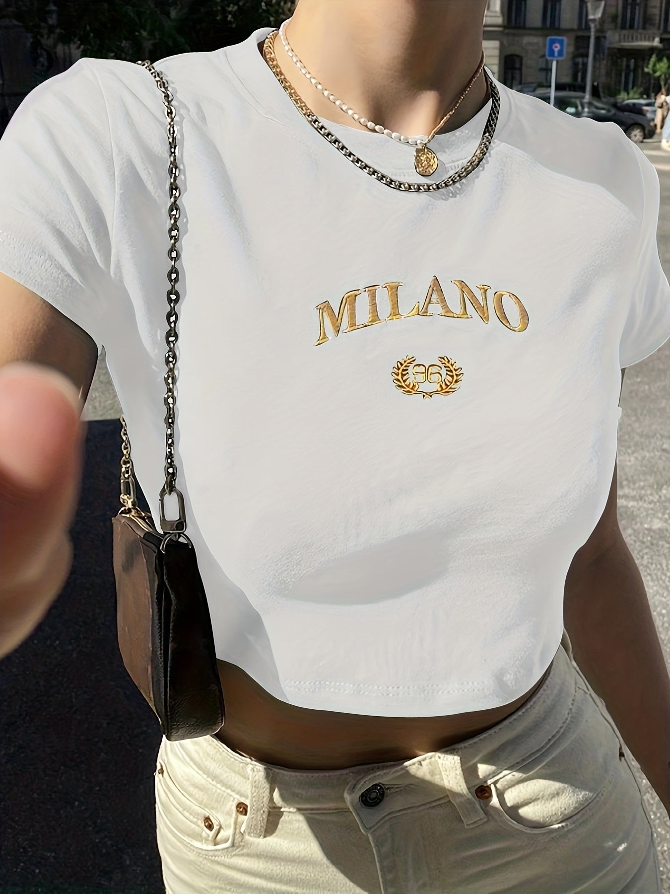 Damen Crop T-Shirt Milano Stickerei Y2K Streetwear