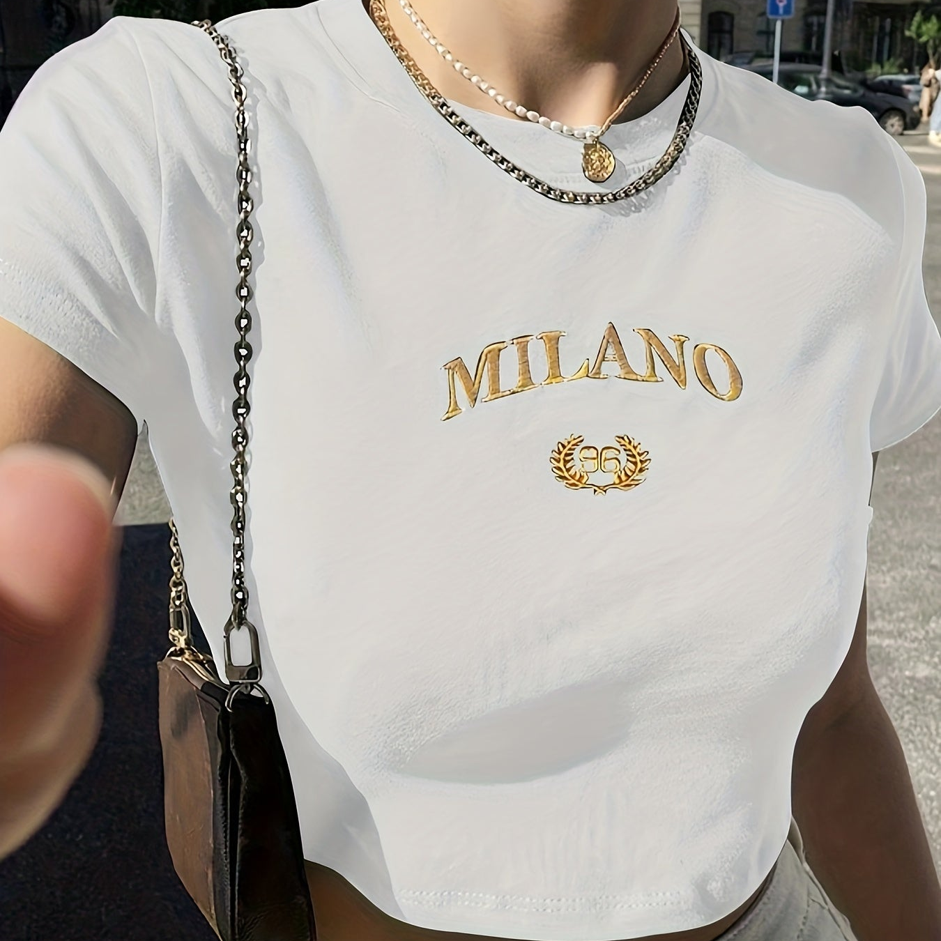 Damen Crop T-Shirt Milano Stickerei Y2K Streetwear