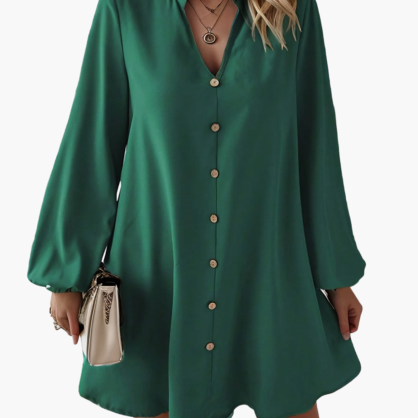 Damen Elegantes Freizeitkleid mit Knopfleiste und V-Ausschnitt – Lässig Modern für Alltag & Büro