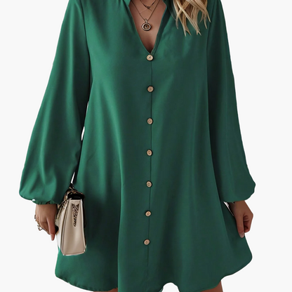 Damen Elegantes Freizeitkleid mit Knopfleiste und V-Ausschnitt – Lässig Modern für Alltag & Büro