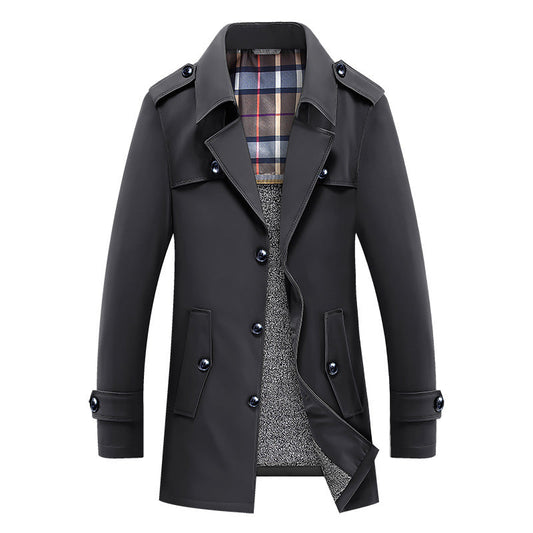 Herren Trenchcoat mit Karofutter, Knopfverschluss und Schulterklappen