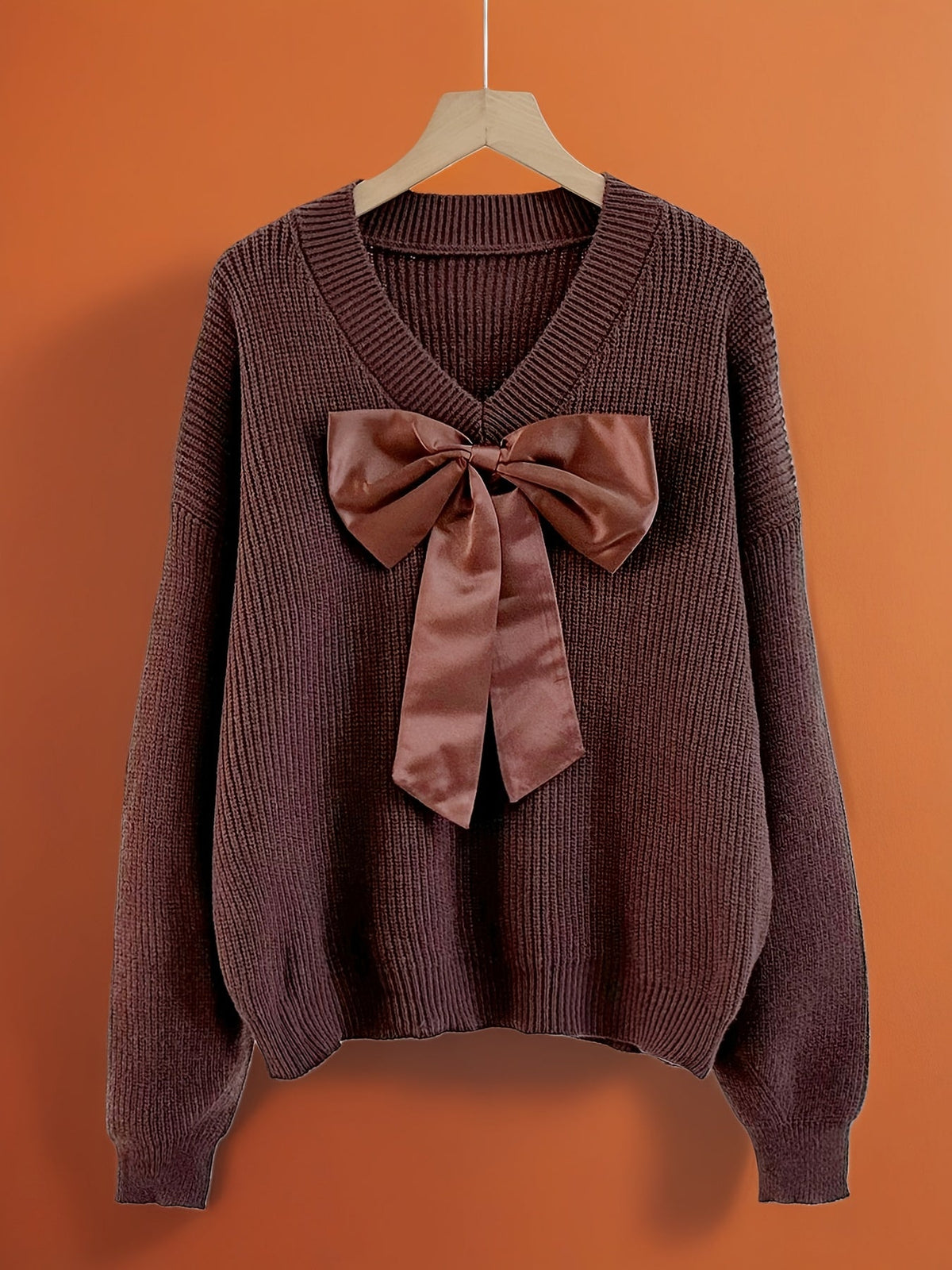Damen Strickpullover V-Ausschnitt mit großer Schleife, Langarm