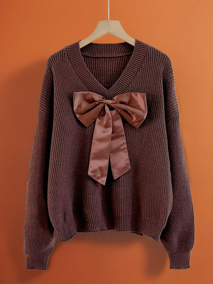 Damen Strickpullover V-Ausschnitt mit großer Schleife, Langarm