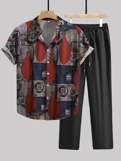 Herren Set Kurzarmhemd mit Grafikmuster und Hose – Modisches Freizeit-Outfit mit künstlerischem Design