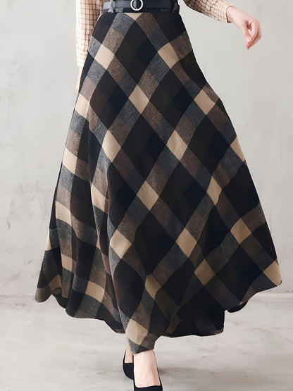 Maxirock Damen kariert Plaid A-Linie Grau Schwarz Weiß Midi