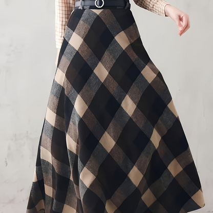 Maxirock Damen kariert Plaid A-Linie Grau Schwarz Weiß Midi