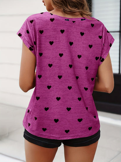Damen Herzmuster V-Ausschnitt T-Shirt – Modisches Freizeitshirt für Alltag und Sommer