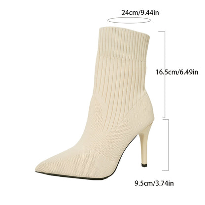 Damen Stiefelette mit spitzer Zehe und Stilettoabsatz, gestricktes Obermaterial