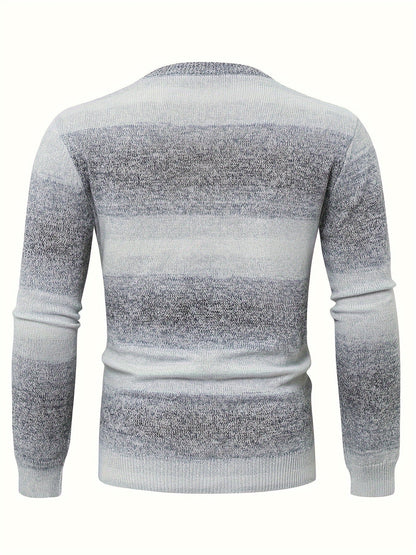Herren Strickpullover Rundhals Grau-Weiß Gestreift Langarm
