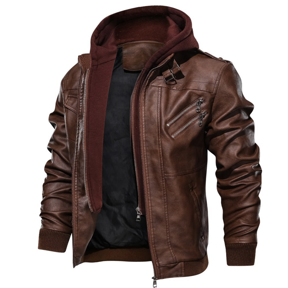 Herren Jacke mit Kapuze in Leder-Optik Reißverschlüssen