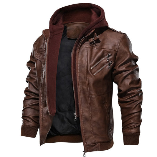 Herren Jacke mit Kapuze in Leder-Optik Reißverschlüssen