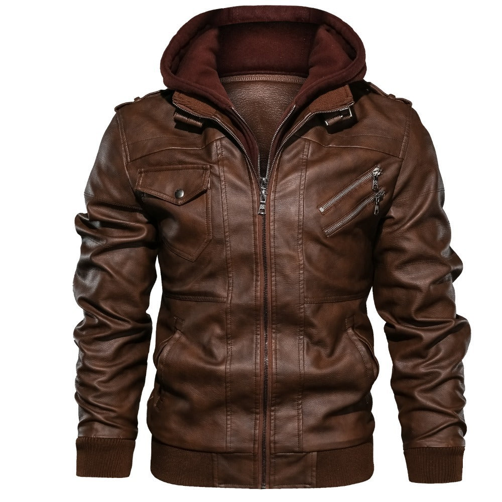 Herren Jacke mit Kapuze in Leder-Optik Reißverschlüssen